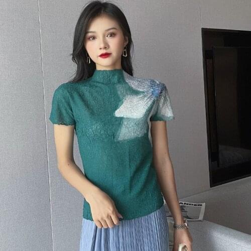 Miyak Pleated Summer Half High Neck Slim Top Women Short Sleeve Floral Elegant Temperament Thin T-shirt Casual Female Clothing