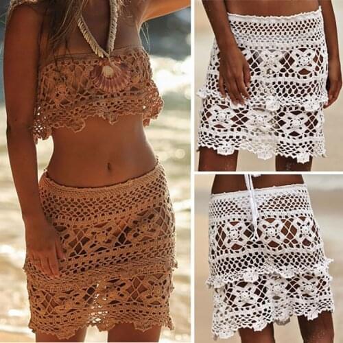 2019 Fashion Summer Women Crochet Cotton Hollow-Out Beach Skirt Handmade Flower sexy swimsuit Solid Color A-Line Skirt Free Ship