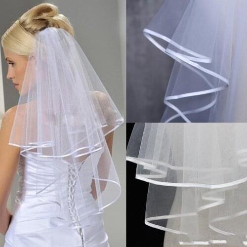 Women Wedding Veil Two Layers 2T Tulle Ribbon Edge Bridal Veils Short White Ivory Veil for Wedding Accessories