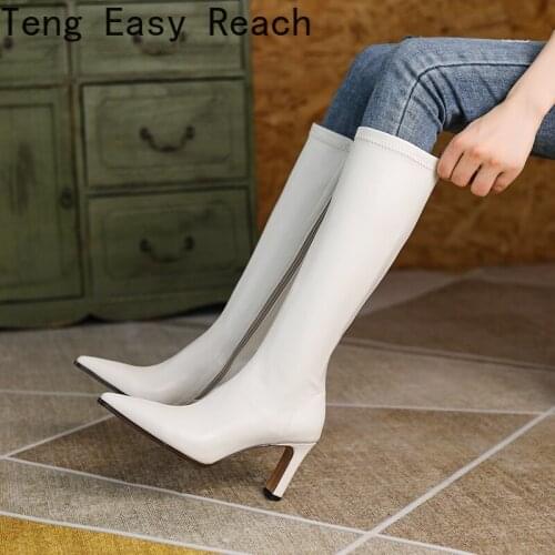 Women Faux Leather Knee High Boots Pointed Toe Thin Heel Boot Slip on Party Club Winter Ladies Footwear Stiletto Botas Mujer 43