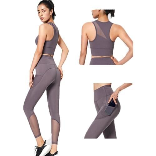 Women Yoga Set Two-piece Suits High Waist Running Tight-fitting Breathable Stretch Mesh Gym Set Women Leggings + Sports Bra