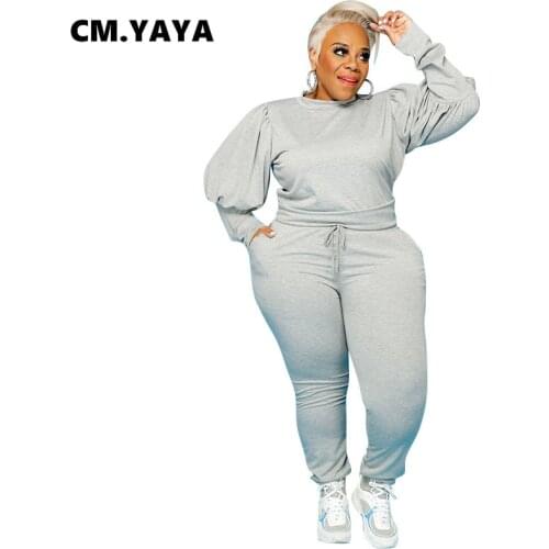 CM.YAYA Active Plus Size XL-5XL Womens Set Lantern Sleeve Sweatshirt Pants Matching Set Tracksuit Fitness Two 2Piece Set Outfit