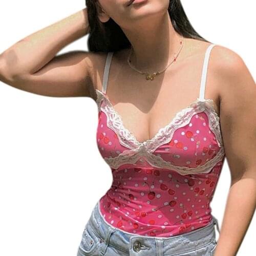 Women Spaghetti Strap V-Neck Crop Top Floral Lace Patchwork Sexy Backless Camisole Leopard Cherry Printed Bow Slim Vest