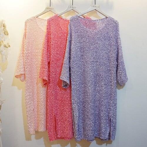 Spring and Autumn New Korean Style Womens Loose Pullover Shiny Knitted Dress Sweater Pullover Round Neck Half Sleeve Knitwear