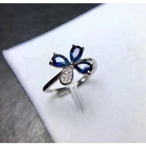 Natural blue sapphire gem Ring S925 Silver Natural Gemstone Lucky four-leaf clover Ring Womens party gift fine Rings Jewelry