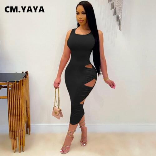 CM.YAYA Women Summer Cut Out Ruched Solid Maxi Midi Dress for Sexy Night Party Fashion O-neck Sleeveless Pencil Dresses