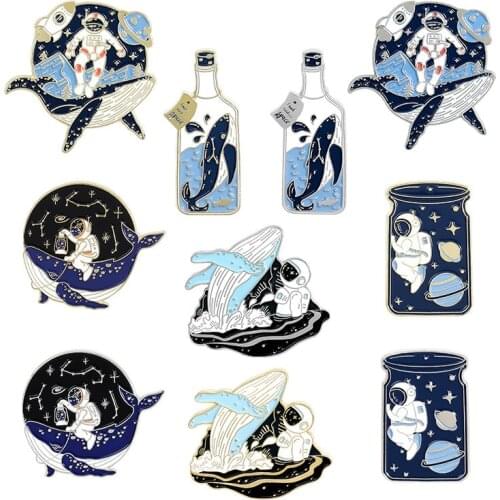 Astronaut and Whale Enamel Pin Adventure Ocean Drifting Wishing Bottle Brooches Bag Lapel Pin Badge Jewelry Gift for Friends