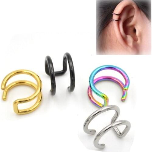 16G 316L Stainless Steel Ear Clip Cuff Wrap Earrings No piercing Fake 2 Rings False Ear Jewelry