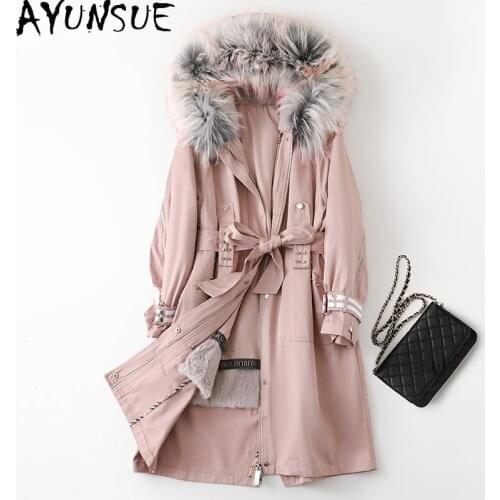 AYUNSUE Womens Winter Parkas 2021 Elegant Long Real Rabbit Fur Liner Coat Female Warm Raccoon Fur Collar Casaco Feminino Gxy399