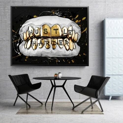 Black Gold Hustle Harder Motivational Art Canvas Painting Teeth Wall Art Posters Prints Wall Art Picture for Living Room Decor