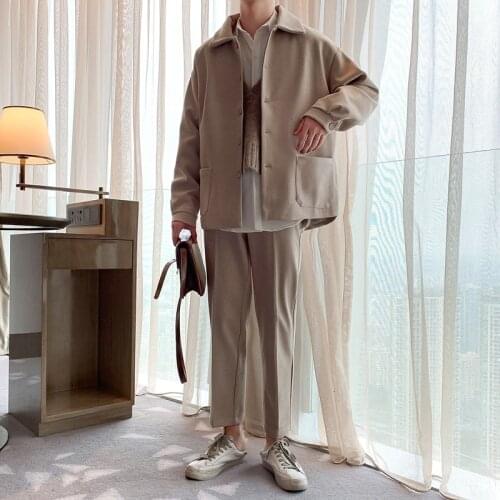 2019 (jacket +pants) Winter Mens Leisure Suit Jackets Male Woolen Blends Fashion Pants Short Set Tracksuit Casual Pants S-XL