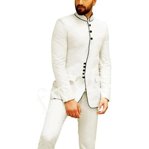 Handsome Groomsmen Mandarin Lapel Groom Tuxedos Wedding Dress Men Suits Blazer Prom Dinner (Jacket+Pants+Tie) K604