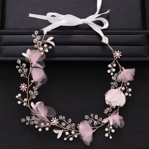 Trendy Handmade Gold Wedding Headband tiara Crystal Pearl Pink Flower Bridal Hair Jewelry Headpiece Wedding Hair Accessories