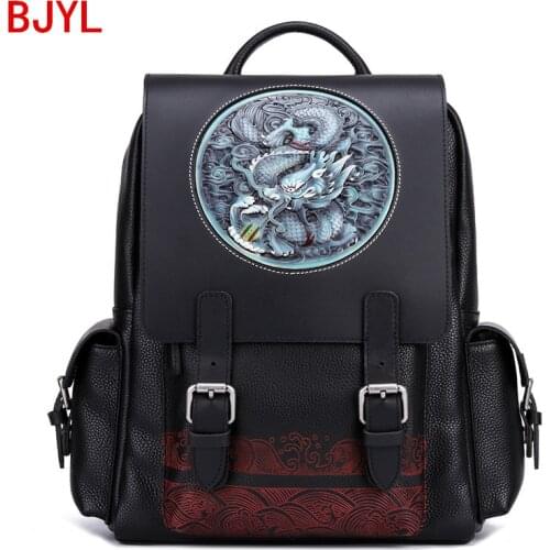 2020 New Backpack College Large School Bags Cowhide Leather Carved Dragon Tiger Head Travel Mens Handmade Leather Cow Leather