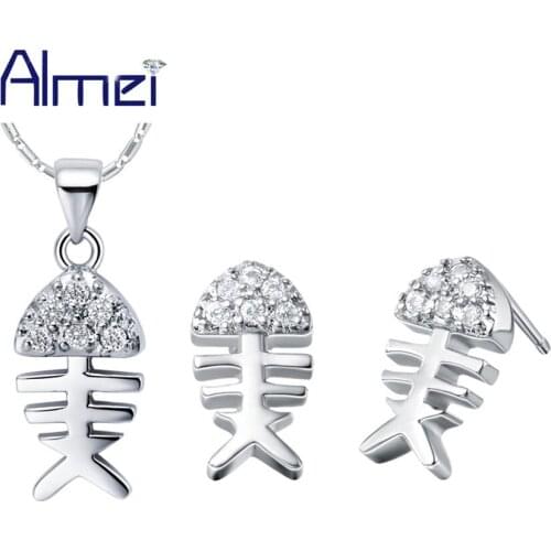 Almei Animal Nigerian Jewellery Silver Color Fish Skeleton Necklace Sieraden Set Cute Earrings for Male/Female Jewelry Sets T200