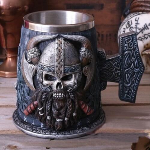 Viking Resin Stainless Steel Beer Mug Pirate Stein Creative Tankard Skull Coffee Cup Tea Mug Tumbler Pub Bar Decor Drop Shipping