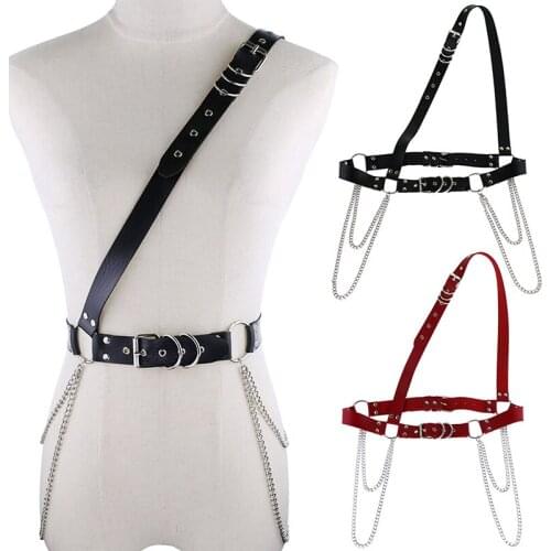 PU Leather Waist Harness Chain Belts Female Body Bondage Cage Gothic Women Suspenders Garter Straps Belts Mental Chain