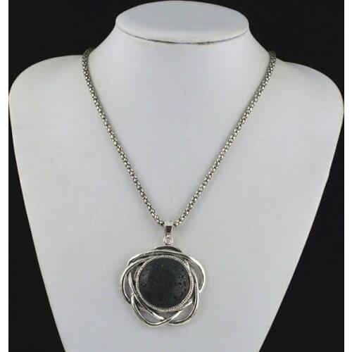 R89H Flower Black Lava Rock Volcano Stone Necklace Pendant Jewlery Women ,Vintage Look,Tibet Alloy,wholesaler