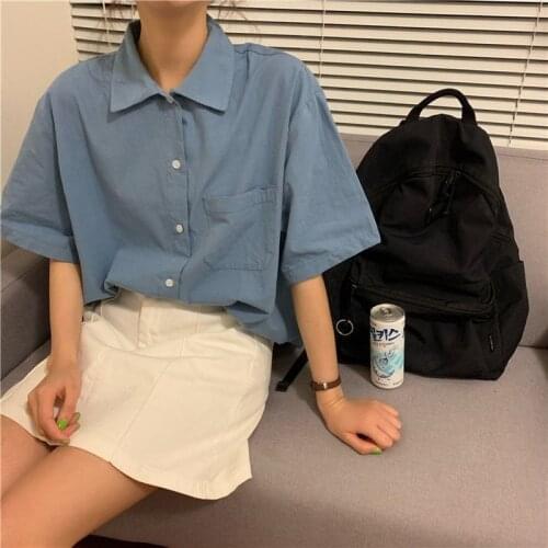 Shirts Women Short Sleeve Blouses Solid Oversize Loose Turn Down Collar College Simple Womens All-match Harajuku Summer Shirt