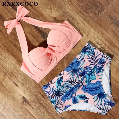 RXRXCOCO Swimsuit Women Hanging Neck Leopard Bikini Printed WomenS Swimming Suit Bikini Push Up Beachwear Dot Swimsuit Women