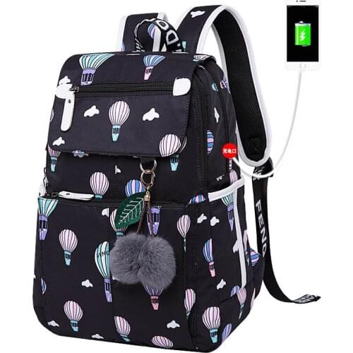 Girls School Bags Female Laptop Compartment Backpack USB Charging Children Backpacks Cute Ballon Printing School Backpack Women