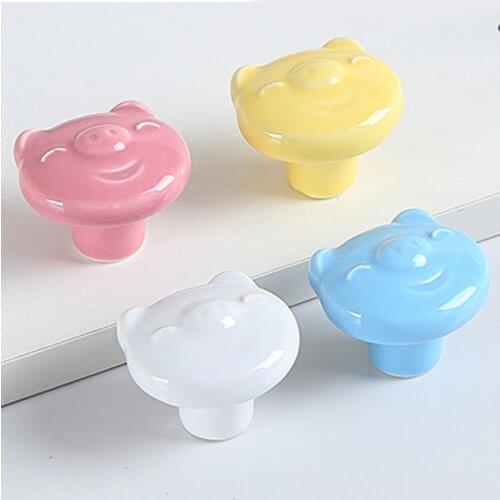 Lovely cartoon fat pig white yellow blue pink ceramic children room drawer shoe cabinet wardrobe door knob pull modern fashion