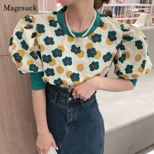 Vintage Summer Woman Blouses 2021 Korean Chic Floral Print Puff Short Sleeve Shirt Women Fashion O-Neck Loose Tops Blusas 14195