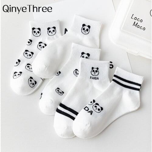 Girls Cute Panda Face Funny Short Ankle Socks White Casual Summer Spring Two Stripes Soft Cotton Women Sokken Sport Gift