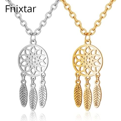 Fnixtar Gold Color 316L Stainless Steel Dreamcatcher Feather Charms Pendants Necklaces for Women Jewelry Necklaces 5pcs/lot