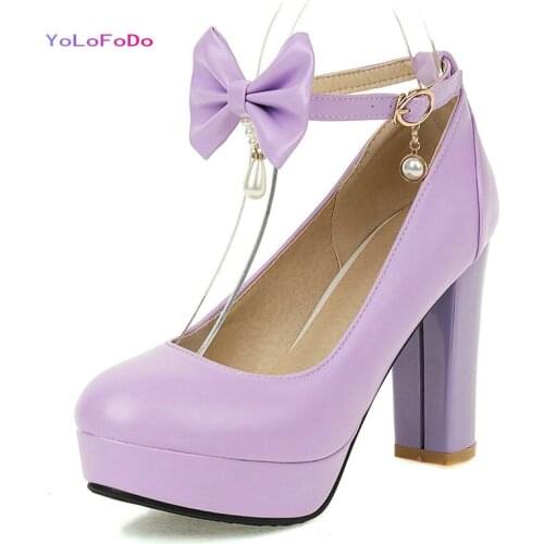 Big Size PU Leather Women High Heel Shoes Platform Square High Heel Women Pumps Butterfly Knot Round Toe Womens Shoes Purple