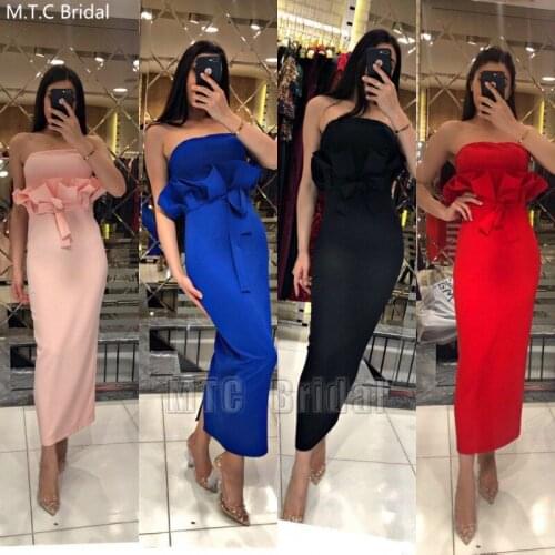 Sexy Short Royal Blue Prom Dresses Strapless Sheath Ruffles Elastic Satin Plus Size Wedding Party Dress For Bridesmaid Customize