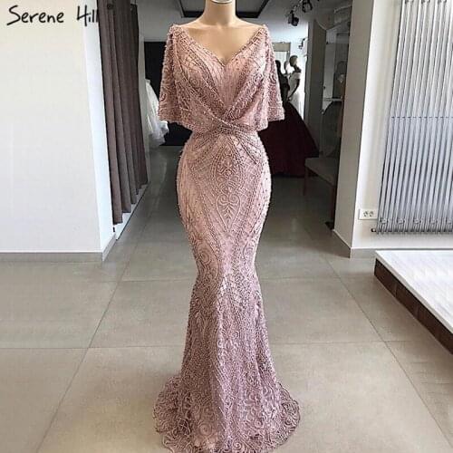 Serene Hill Dubai Pink V-Neck Pearls Lace Evening Dress 2020 Half Sleeves Mermaid Sexy Elegant Formal Party Wear Gown CLA70156