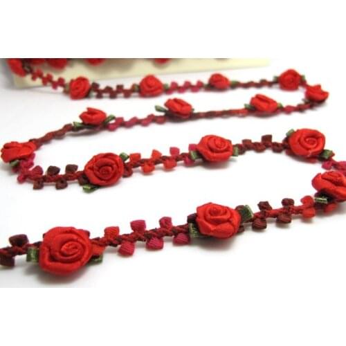 2 Yards Woven Rococo Ribbon Trim with Bright Pink Flower Buds|Decorative Floral Ribbon|Scrapbook Materials|Clothing|Decor