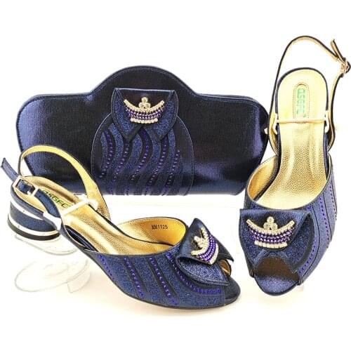 2021 New Arrival Italian Design Summer Low Heels Nigerian Ladies Shoes and Bag Set in D.Blue Color for Party Wedding