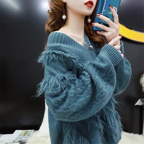 2021 Spring Autumn Tassel Sweaters Women Fashion Korean Sexy V-neck Pullover Loose Solid Plus size Elegant Knitted Tops Femme