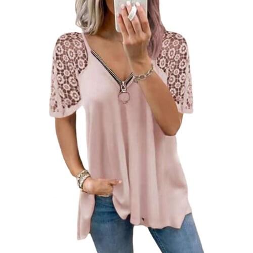 Blouses Women Zipper V Neck Blouse Lace Stitching Hollow Out Short Sleeve Wide Hem Hollow Out Ladies Solid Color Casual Blouse