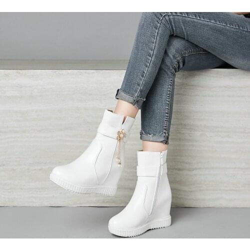 Fashionable Metal Fringed Women Wedge Heel Short Boots For Autumn Winter Warmth Inner Heightening Boots Side Zipper Women Shoes