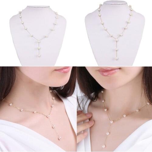 Womens Neck Chain Gold Silver Color Sweet Necklace Faux Pearl Y Pendant Necklace Earring Jewelry Sets Wedding Jewelry Women