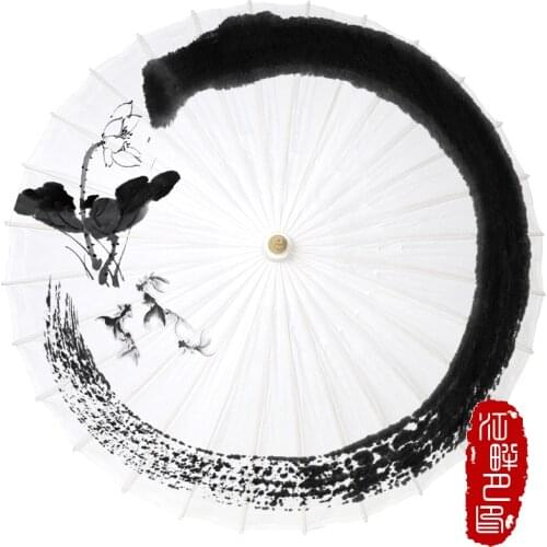Pure White Color Bottom Oil Paper Umbrella Lotus Flower with Fish Paper Parasol Chinese Ink Calligraphy Art Show Paper Umbrella