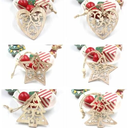 Christmas Star Heart Tree Wooden Pendants Xmas Tree Hanging Ornaments Xmas Decorations For Home Kids Gifts Noel Navidad Decor
