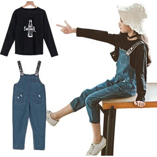 Denim Kids Clothing Set Casual Children 2Pieces Suit Denim strap sets t-shirts +Jeans Pants Teenager Girl Set Autumn Tracksuit