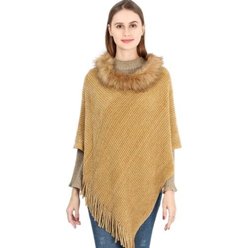 Elegant Knit Fur Collar Ponchos Solid Capes Irregular Shawl Women Tassel Cloak Female Sweater Autumn Winter Lady Scarf