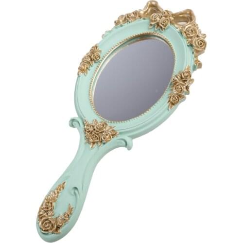 European Palace Style Vintage Handheld Roses Mirror Princess Women Girls Oval Vanity Makeup Cosmetic Tool with Anti-Slip Handle