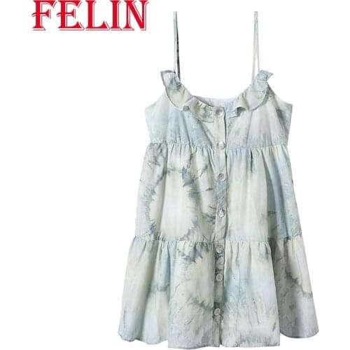 FELIN Za Summer New Blue Tie Dye Sexy Party Dress Women Backless Drapped Mini Cami Dresses Sleeveless 2021 Mujer Vestidos