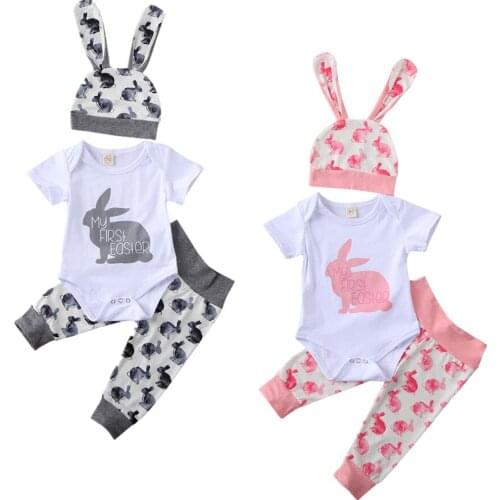 Hot 3Pcs Baby Boys Girls Easter Prints Outfits Set Bunny Print Romper Tops Pants