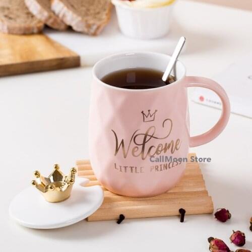 Custom Coffee Cup 430ml Japanese Style Creative Pink Crown Mug Cute Girl Ceramic Cup Couple Water Cup with Lid Spoon Coffee Cups