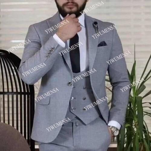 Handsome Grey Men Suits For Wedding Groom Wear Tuxedos Blazers 3 Pieces Jacket+Vest+Pants Custom Made Male Foraml Fashion Coat