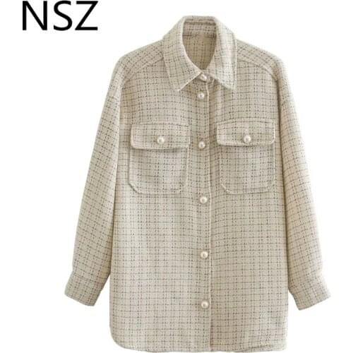 NSZ women oversized plaid shirt jacket large size checked overshirt coat pearl button dogtooth blouse jacket outerwear chaqueta