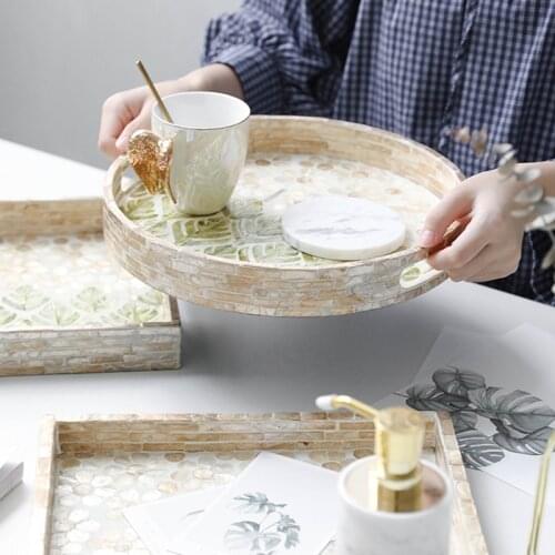 Square Tray Decoration European Art Luxury Wooden Color Shell Skin Care Products Jewelry Storage Tray Coffee Table Bathroom Tray