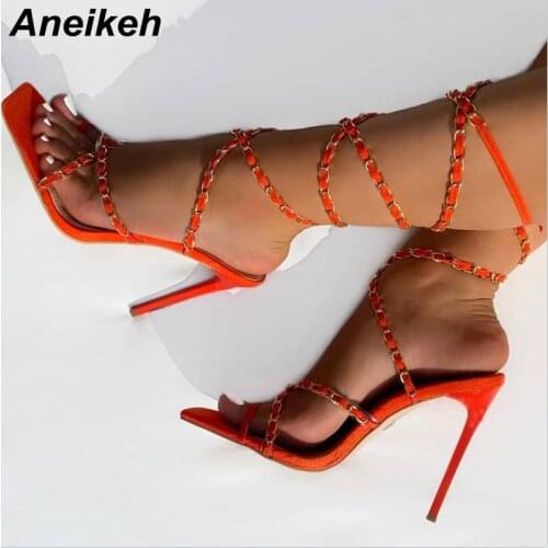 Aneikeh 2021 New Cross-Tied PU Sandals Women Sexy Summer Stiletto Heels Gladiator Pumps Shoes Ankle Strap Lace-up Mixed Colors
